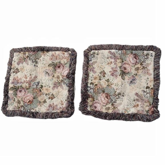 2 Vintage Tapestry Fringe Pillow Covers Home Decor Cottage Floral Upcycle - Picture 4 of 9